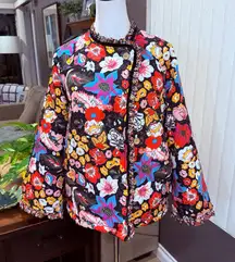 Bright Floral Quilted Jacket Fleece Lined Ruffle Velvet Trim Raglan Sleeve M