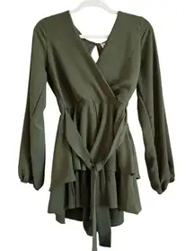 Altar'd State Women Sz M Olive‎ Plunge Neck Long Sleeve Layered Romper Tie Waist