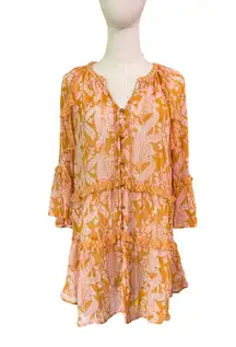 Anthropologie Orange Pink Floral Tiered Ruffle Tunic Dress Small Boho Viscose