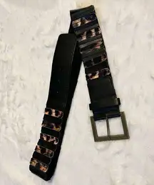 Black Leopard Print Wide Pleated Stretch Belt Size M/L