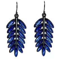 NEW - Stunning Blue Rhinestone & Gunmetal Feather / Leaf Statement Earrings