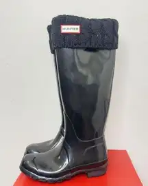 Hunter Original‎ Tall Boot Logo Women's Size 5 Black Gloss Waterproof With Socks