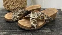 Vionic Brown & Tan Snakeskin Print Danette Slip On Cork Heel Sandal Shoes 8