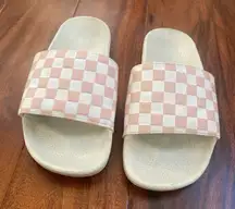 Vans Off The Wall Women's Checkerboard Pink Leather Slides Sandals Size 7