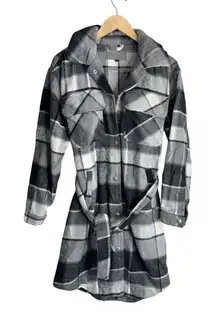 Blank NYC Flannel Jacket Size Small Gray Tie Front Black Buttoned Long Sleeve