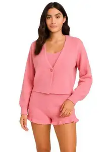 ASOS Pink Fleece Cardigan Short Sleeve T Shirt Shorts Sweater 3 Piece Set Size 2