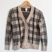 Joie Plaid Fuzzy Gingham Vneck Button Front Cardigan Sweater Size S 0365