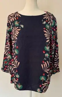 BODEN Larissa Floral Satin Top Size 6 (relaxed fit keyhole spring 3/4 sleeve)