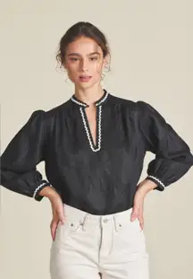 Trovata Birds of Paradise‎ Women’s Small Bailey Linen Blouse Black Long Sleeve