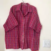Vintage Oversized red pink green orange plaid button-up down shirt short sleeve Hawaiian casual corragecore-Size 3XL measurements in pics, imperfection seen in last pic Vintage Oversized red pink green orange plaid button-up down shirt short sleeve Hawaiian casual corragecore-Size 3XL 