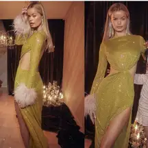 HOUSE OF CB &#x27;Gina&#x27; Feathered Chartreuse Crystallised Maxi Dress NWOT size XS‎