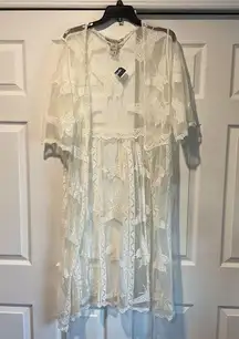 White Flower Lace Sheer Cardi Jacket Kimono Bathing Suit Coverup