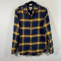 J Crew Men Navy & Yellow Plaid Slim Fit Mid Weight Flannel Button Up Size S