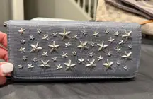 JIMMY CHOO Long Wallet Silver Star-Studded with Rhinestones Blue Grey Leather