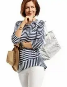 Cabi navy & white long sleeve asymmetrical Top XS