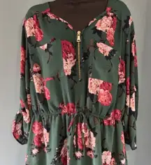 Stella Tweed Tunic 2X Green Floral Gold Zip Front Drawstring Waist Garden Boho
