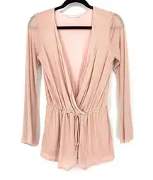 Honey Punch Size S Tie Waist Romper Plunge V-Neck Long Flare Sleeve Light Pink