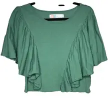 Free People FP Beach Women's Small Ruffle T-Shirt Top Green Boxy Boho Flutter