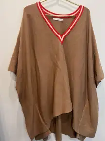 Mersea Anywhere Poncho Pullover Sweater Caramel w/ Red And White Varsity Trim OS