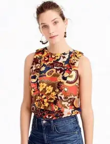 J. Crew Darwin 100% Silk Retro Floral Blouse Twill Ruffle Bib Ratti, Sz 4