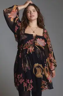 Anthropologie Let me Be Black pink floral babydoll dress with a corset style bust and open back