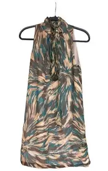 MILLY OF NEW YORK Sleeveless High Neck Dress Silk Green Brown Size 6 Retro