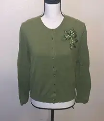 Dressbarn green rayon nylon button down cardigan sweater with rose