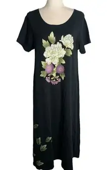 Vintage 90s Hawaiian Maxi T Shirt Dress M Black Floral Painted Short Sleeves