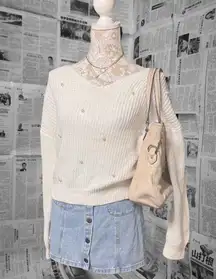 Francesca's Pearl Embellished White Knit Sweater Open Back Twist Size M