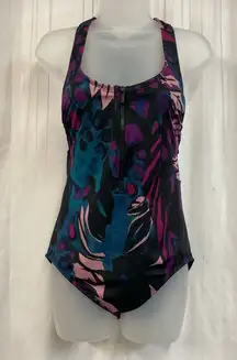 All In Motion Front Zip Racerback One Piece Swimsuit Size M Abstract Print