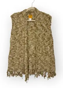 Ruby Rd Beige Chunky Knit Fringe Vest Boho Festival Open Cardigan Sweater L
