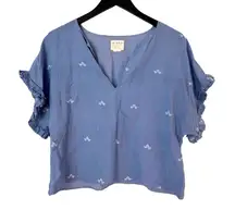 Mirth Womens Medium Cotton Ruffle Sleeve Split V-Neck Top Cornflower Blue‎ Print