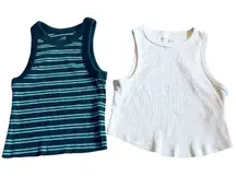 Aerie Women’s Tank Top Set Blue Striped White Ribbed Knit Sleeveless Size Small