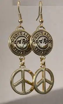 Hard Rock Cafe Gold Peace Dangle Earrings | Iconic Rock Chic