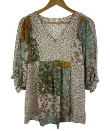 Umgee Patchwork Floral Peasant Tunic Top Small Sheer Smocked Metallic Cottage