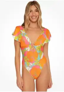 $162 NWT Trina Turk PLAYA DE FLOR PLUNGE MAILLOT Swimsuit Sz 14 Flutter Sl 1 Pc
