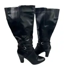 Womens Sz 8W Black Heeled Boots Elsie Faux Leather Knee High 3.5" Heel 143 Girl