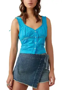 Free People Kerry Embroidered Blue Ruffle Trim Tank Top - Size Small
