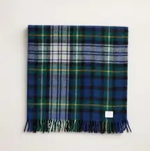 Faribo 100% Wool Tartan Plaid Fringe Blanket Throw Blue Green Vintage USA