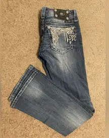 Miss Me Buckle Boot Cut Denim Washed Jeans Embellished Crystal Pockets