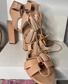 Loeffler Randall Tassel Lace Up Heels Gladiator Block High‎ Heel Sandals -9.5M