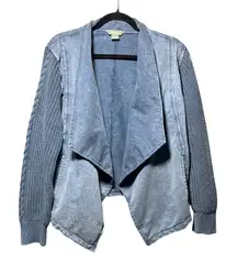 Natural Reflections Blue Washed Cotton Waterfall Cardigan Jacket Knit Sleeves L