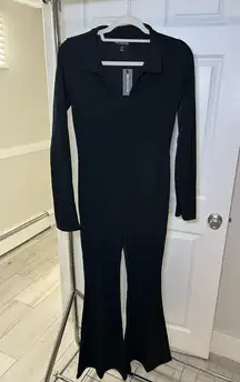 PLT black rib collar detail flare leg jumpsuit