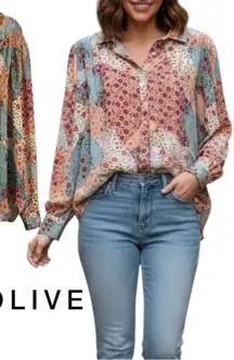 Rose & Olive Multicolor Floral Patchwork Blouse with Ruffles Size Large