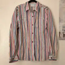 90s  striped long sleeve button up down shirt with zip pockets long sleeve