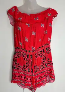 VENUS Y2K Red Romper Ruffle off shoulder paisley print pattern Size small retro