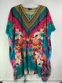 Elegant Floral Women's Tunic in Teal and Pink