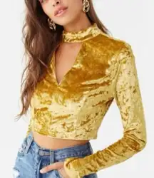 Essue  Long Sleeve High Neck Gold Faux Suede Crop Top Size Medium