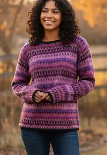 Vintage Susan Bristol Hand Knit Colorful Purple Mohair Wool Blend Sweater Size M