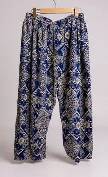Blue & White Geometric Print Harem Pants | Elastic Waist | Lightweight Boho